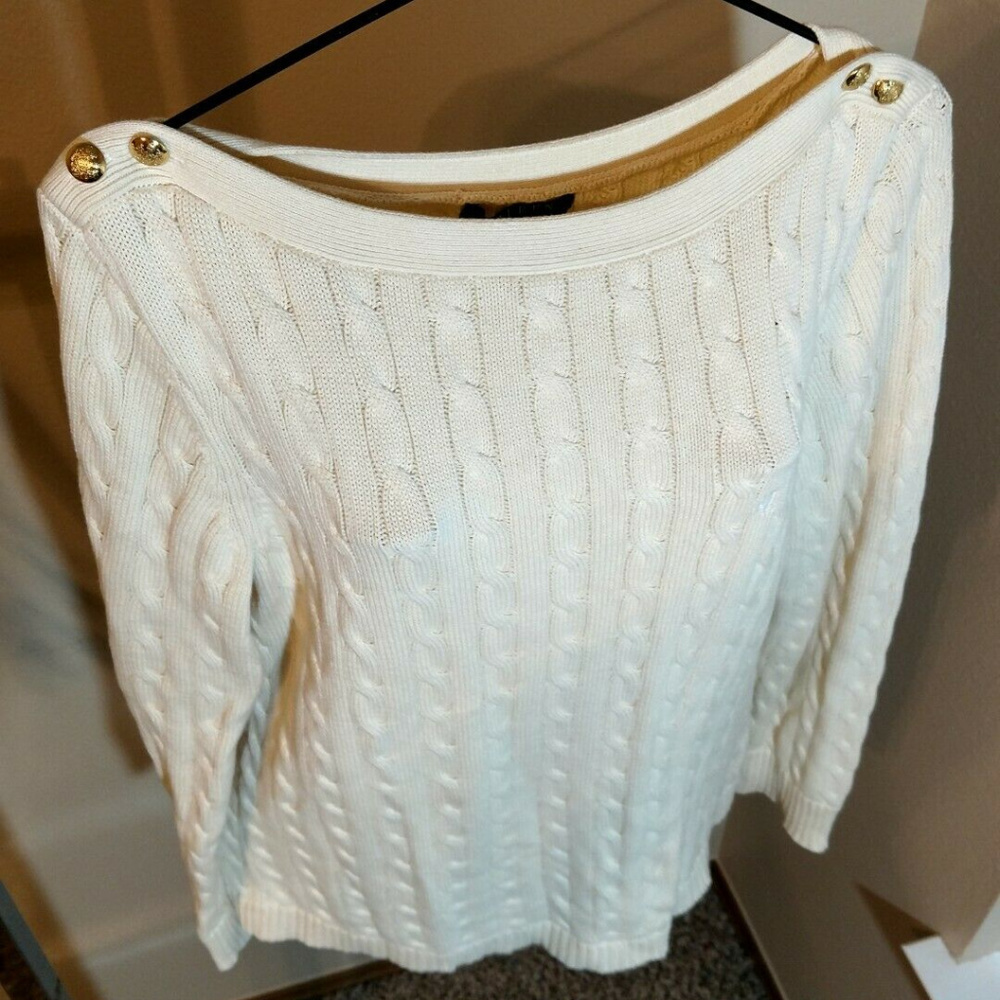 Lauren RLR Cable Knit Button Neck Pullover Sweater